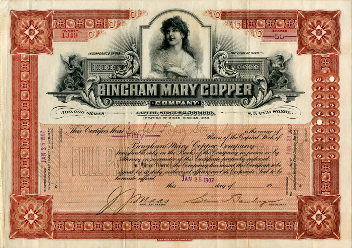 Bingham Mary Copper Co. - Stock Certificate